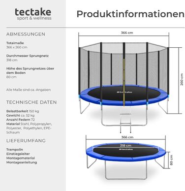 Трамплін Tectake® для саду, Ø 305 см (366 см), блакитний, з захисним сіткою