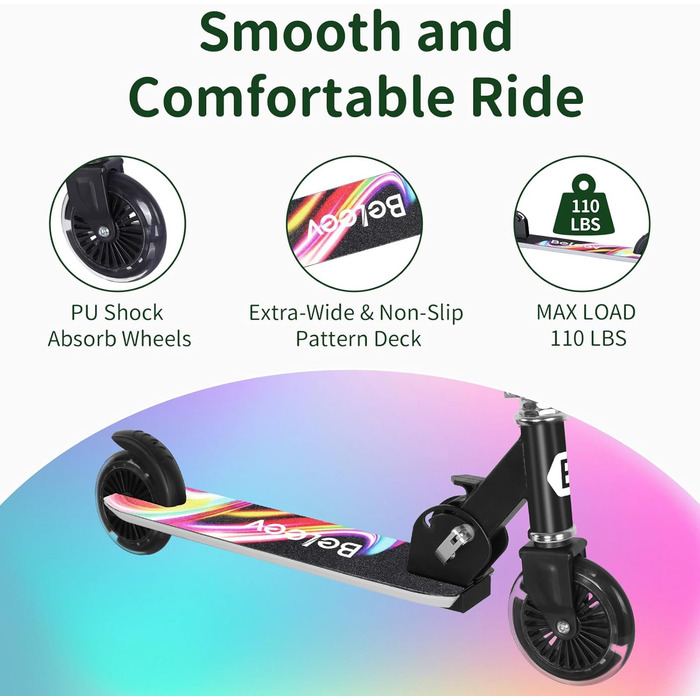 Белеїв V2 Роликовий Самокат для Дітей 6 років, з LED-підсвічуванням, Регульована Ручка та Дека, Заднє Гальмо, Складаний Самокат для Дівчаток та Хлопчиків 3-12 років (Чорний з Райдужними акцентами)