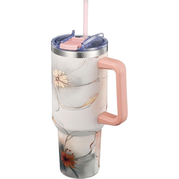 Термофляга THILY з нержавіючої сталі з кришкою та трубочкою, 1.2 л, спортивна, подвійні стінки, широке горлечко, зберігає холод/гарячість цілий день, колір Лавандовий сон (P40 - Ніжне золото, модель A: міцний ручка + компактна основа)