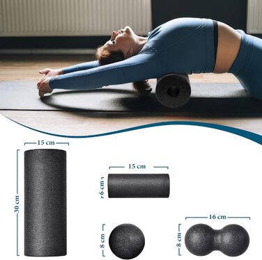 Набір для міофасціального релаксу: Foam Roller, м'ячик для фасції, міні-ролик, дуобол, для йоги та масажу (Синій/Чорний)