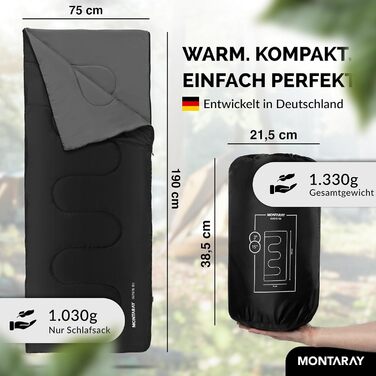 Спальний мішок для кемпінгу з капюшоном до -3°C з подушкою - зимовий та літній спальний мішок на 3-4 сезони (75 x 220 см) - туристичний спальний мішок для жінок та чоловіків (теплий) (Чорний, 150GSM, без капюшону)