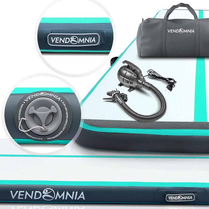 Гімнастичний надувний мат VENDOMNIA Airtrack 200×100×10 см м'ятний, з електричною помпою та сумкою, для йоги, фітнесу, спорту, тренувань