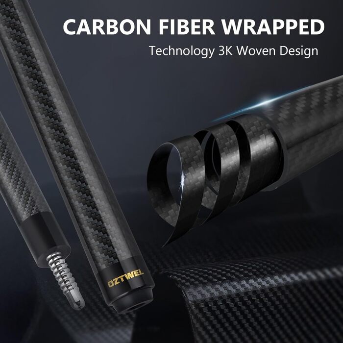 Професійний кий для більярду з карбону, 12.4 мм, 8-шарова вершина, низька відсікання, для дорослих, з професійним конусом, 3/8 x 8, чорний