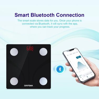 Ваги GRIFEMA Digitale Personenwaage з вимірюванням жиру та м'язової маси, Bluetooth, для BMI, протеїну, чорного кольору. Підключення через додаток.