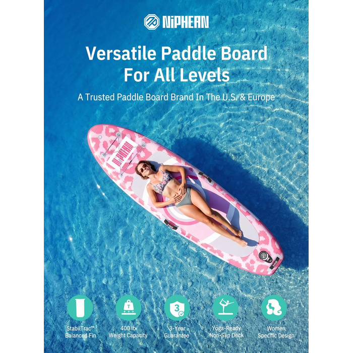 Надувний SUP Борд Niphean 305см з крилами балансу та міцним аксесуаром для дорослих, для йоги, Candy Leopard з StabilTrac