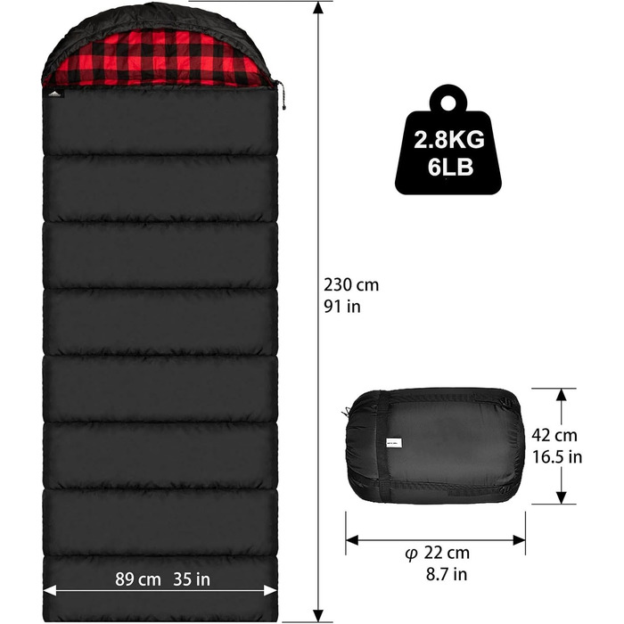 Спальний мішок Baumwoll-Flanell для дорослих, 100% бавовняний, для кемпінгу, піших прогулянок, подорожей з рюкзаком, легкий, 3-4 сезони (Чорний/Червоний, 2.8 кг)