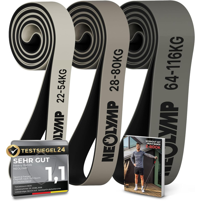 Набір еластичних стрічок для фітнесу Neolymp з електронною книгою: 3 шт. (вага 22-116 кг)