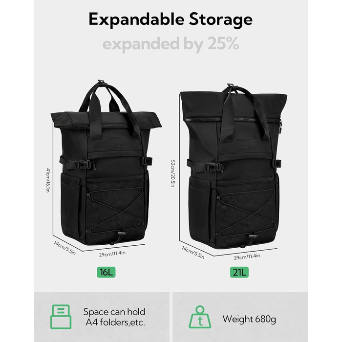 Рюкзак WATERFLY Rolltop 16-21л для чоловіків і жінок, стильний міський рюкзак із відділенням для ноутбука 16