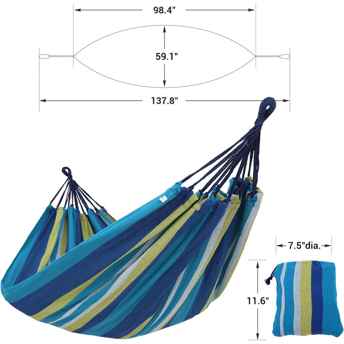 Подвійна гамак SONGMICS, 249x150 см, 136 кг, з сумкою, ременями, карабінами, для тераси, балкона, саду, відпочинку на природі, кемпінгу, блакитно-жорий