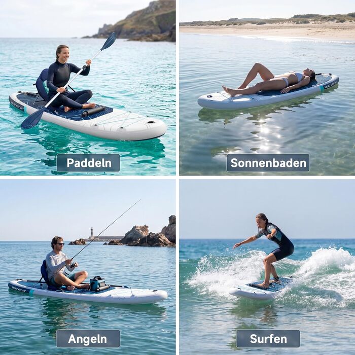 Надувний SUP-борд JUMMICO 320x80x15 см з каяковим сидінням та веслом, до 160 кг, для серфінгу, риболовлі, йоги (бірюзово-білий з хвилями)