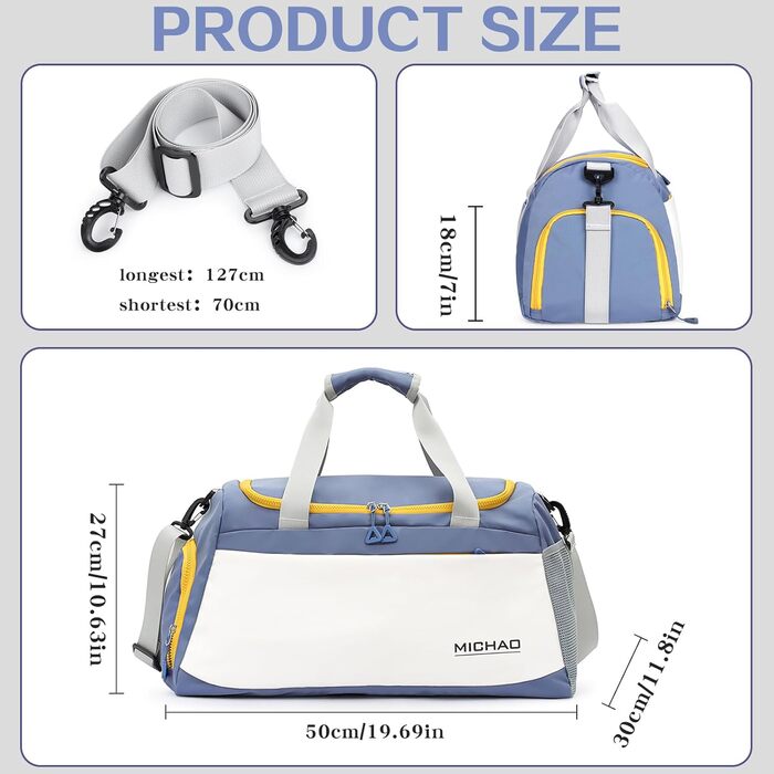 Спортивна сумка-рюкзак для подорожей та спорту, 48x23x27 см, з відділенням для взуття та мокрих речей, водонепроникна, для жінок та чоловіків (білий+синій)
