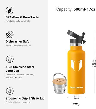 Термос-пляшка Super Sparrow з нержавіючої сталі - 350мл/500мл/620мл/750мл/1л - Без витоку, BPA-Free - Пляшка для води, термопляшка для дітей, для газованої води, спорту, школи, фітнесу - з 2 кришками (500мл, Mango)