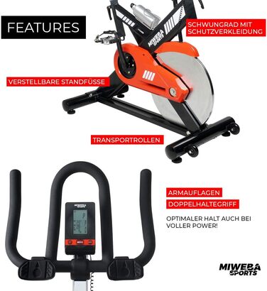 Професійний велотренажер Miweba Sports MS400 для дому, 22 кг маховик, навантаження до 150 кг, безступінчасте регулювання, вимір пульсу, спін-байк, ергометр