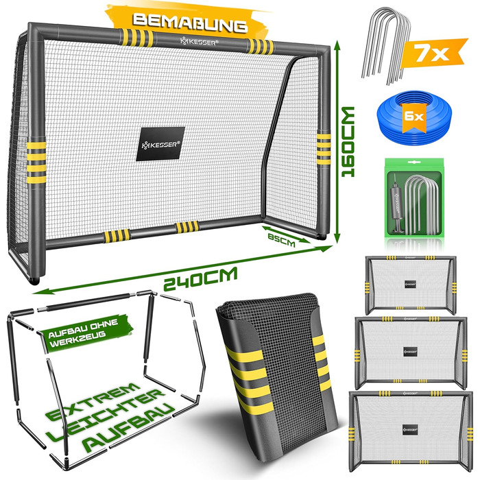 Ворота для футболу KESSER® для саду: міцні, для тренувань на вулиці, з UV-стійкою сіткою, сталевий каркас з покриттям, земляні кілки, насос, фішки, аксесуари для монтажу (240см, антрацит)