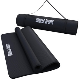 Йога мат GORILLA SPORTS® 190x100x1,5 см з ручним ременем, не містить фталатів, антиковзаюча, чорна. Підходить для фітнесу, гімнастики та тренувань