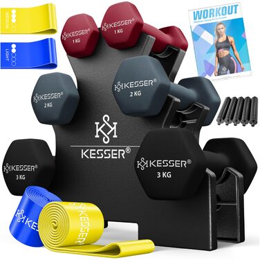 Набір неопренових гантелей KESSER з підставкою, 3 пари (1кг, 2кг, 3кг), загальна вага 12 кг, для фітнесу та силових тренувань, Magenta-Grau-Schwarz