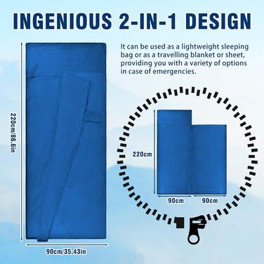 Спальний мішок туристичний бавовна, ультралегкий, з двосторонньою блискавкою, для кемпінгу та походів (синій)