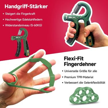 FitBeast Набір для тренування рук (5 шт.): підручники для підручників, фінгердехнери, м'яч для хвата, антистресовий м'яч для спортсменів (темно-зелений)
