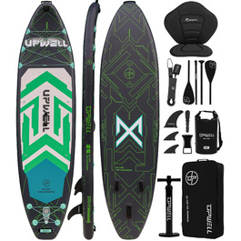SUP дошка Upwell 350x89 см з сидінням, надувна для дорослих та підлітків, комплект (рюкзак, весло, ліш, помпа, плавники) Chipmech Green
