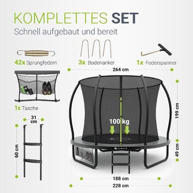 Батут Juskys SkyBounce – Ø 228/305/366 см, Outdoor, з сіткою безпеки, сходами та пружинами PowerSpring
