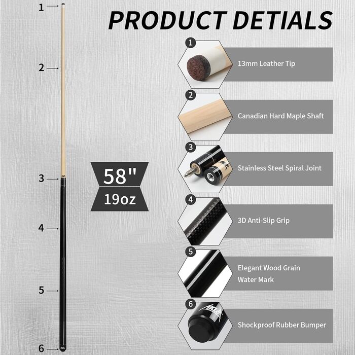 AKLOT Більярдний кий 58' - канадський клен, 13 мм шкіряна вершина, 3D ручка, преміум якість, для професійних гравців, чорний (540г)