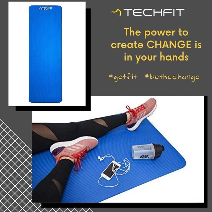 Йога мат TechFit: антиковзаюча, товста (10 мм), для фітнесу, пілатесу, кемпінгу, аеробіки (блакитна)