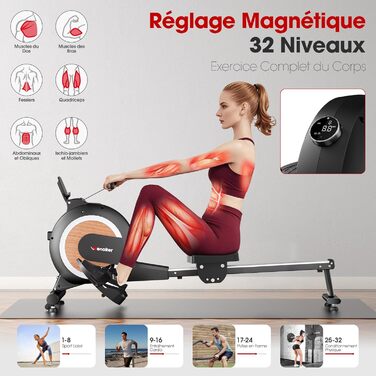 Гребний тренажер Wenoker з магнітним опором, для дому, 32 рівні опору, з додатком, для домашнього спортзалу, кардіотренажер, 160 кг, LCD-монітор (H310C)