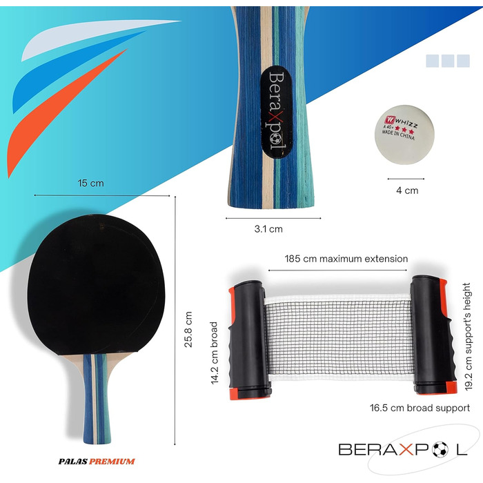 BERAXPOL Набір для настільного тенісу Premium, портативний, все в одному | М'ячики, сітка, сумка | Для сім'ї, подарунок