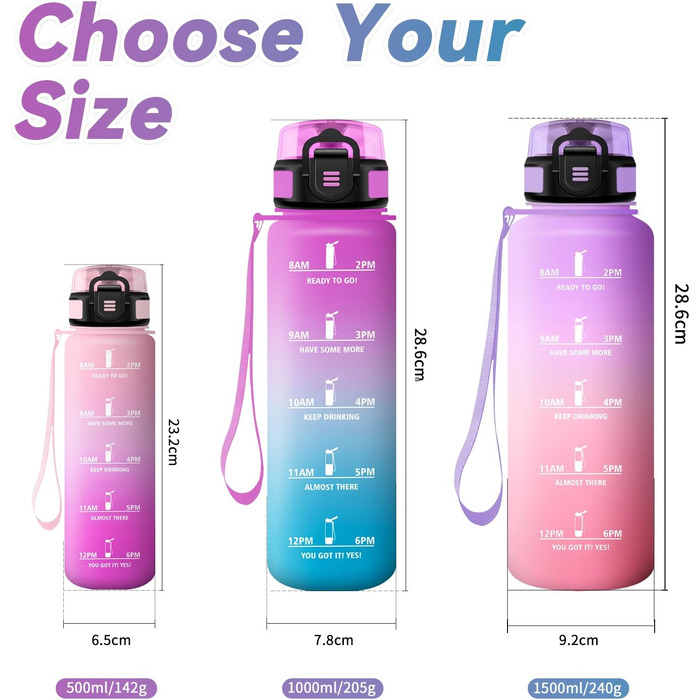 Спортивна пляшка 1л з маркуванням часу, фільтром, для води з газом, велосипеда, бігу, дорослих (1000 мл, Rosenfuchsien-cyan)