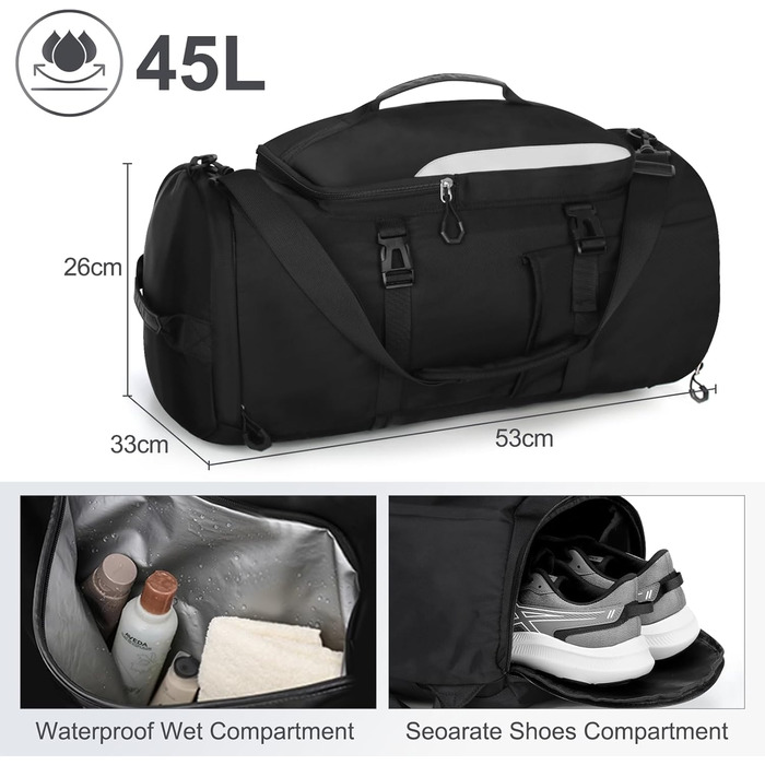 Спортивна сумка JiangLin 45L з відділенням для взуття та мокрих речей, велика дорожня сумка для чоловіків та жінок, рюкзак-валіза для спорту, подорожей, фітнесу, плавання (чорний)