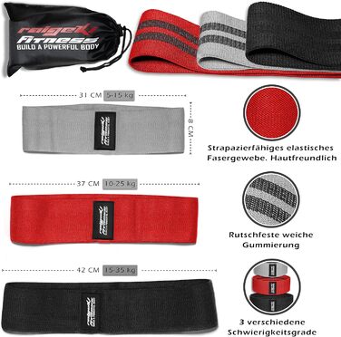 Стрічки для фітнесу Raigeki: набір 3 шт. + плани тренувань. Стрічки опору Loop, Theraband для стегон, ніг, сідниць, силових вправ (S-R-W)