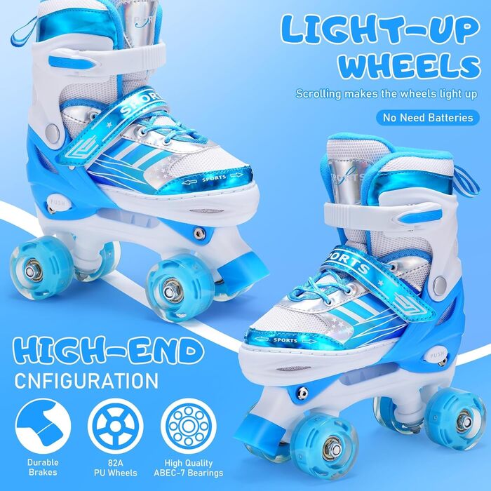 Дитячі ролики Kinder Rollschuhe для дівчаток та хлопчиків, регульовані, 8 коліс зі світлом, роликові ковзани для малюків, початківців, для використання в приміщенні та на вулиці (M (EU32-36), Bleu)