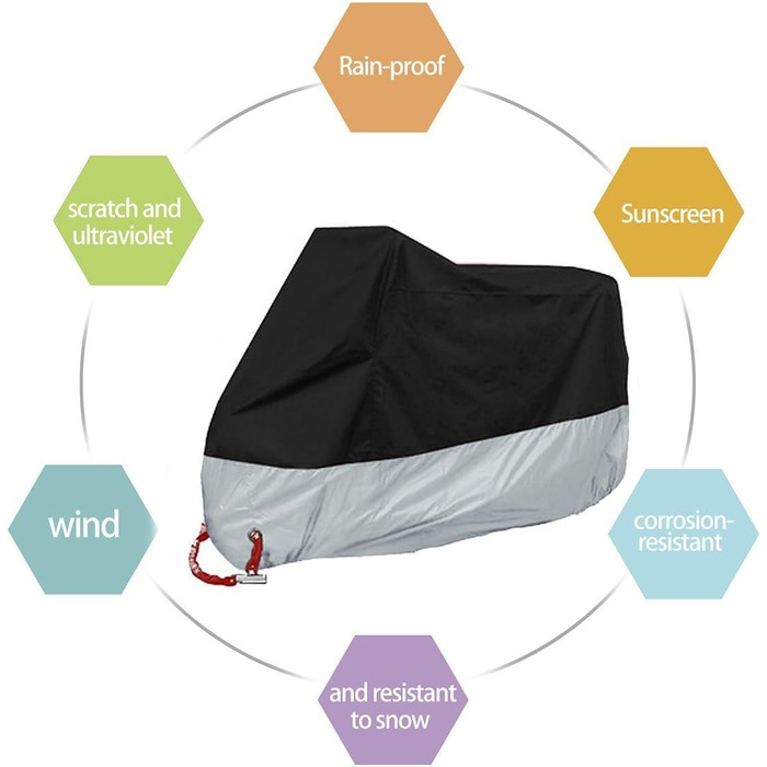 Чохол для мотоцикла 4XL, захист від пилу, дощу, сонця та UV-променів. Водонепроникний, з мішком для зберігання. Розмір 295x110x140 см. Чорний/Сріблястий.