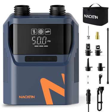 Електричний насос для SUP-дошки NACATIN 50PSI: акумуляторний компресор 5200mAh та 12V для падлбордів, човнів та автомобільних шин, 6 насадок