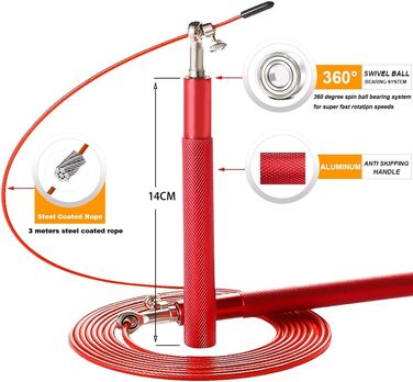 Спортивна скакалка Speed-Spring з підшипниками 360°, регульований сталевий трос та алюмінієвими ручками для боксу та фітнесу, червона (для дітей та дорослих)
