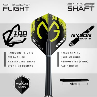 Подарунковий набір дартсу Winmau Michael Van Gerwen MvG, 50 елементів: 4 комплекти стрижнів, 4 комплекти оперень, аксесуари, Softip
