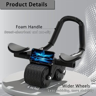 Ролер для пресу Ab Roller з підтримкою ліктів, тренажер для пресу з автоматичним відскоком, ролер для пресу з килимком для колін для чоловіків та жінок, тренування пресу на подвійних колесах, стабільний, чорний