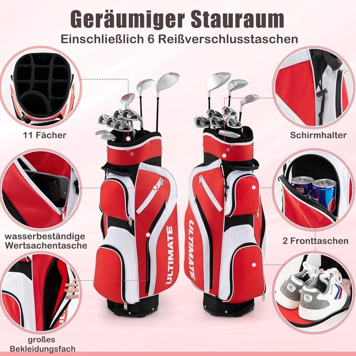 GYMAX Комплект жіночих гольф-клубів, 9-ти частинний, для правші. Включає 3 дерев'яні клюки (#1, 3, 4), 5 залізових (#6, 7, 8, 9, PW) та 1 паттер. З сумкою-підставкою та дощовим захистом, червоний колір.