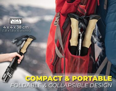 Телескопічна тростина Trekology Trek-Z 2.0, алюмінієва, легка, складана, з корковою ручкою, 100-120 см, для туризму, трекінгу, для людей похилого віку, чорна