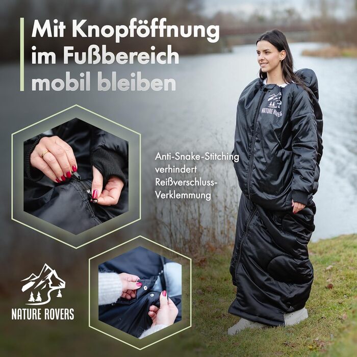 Спальний мішок з рукавами Nature Rovers – дорослий, для кемпінгу та відпочинку на природі (3 сезони), водонепроникний, з отворами для ніг, включає подушку, чорний