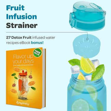 Пляшка для води Hydracy з фруктовим інфузером, 500 мл, BPA-free, із часовими мітками, герметична спортивна пляшка без конденсату, швидке пиття, для спорту та активного відпочинку, аква-синя