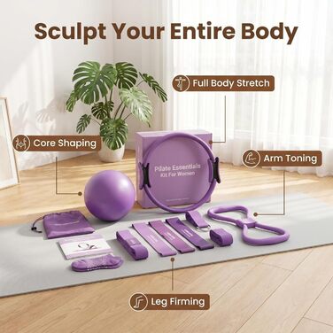 Набір для пілатесу та йоги для жінок-початківців Home Pilates & Yoga Starter Kit: м'яч для гімнастики 22.9 см, еластичні стрічки, кільце для пілатесу, ремені на щиколотки, фіолетовий