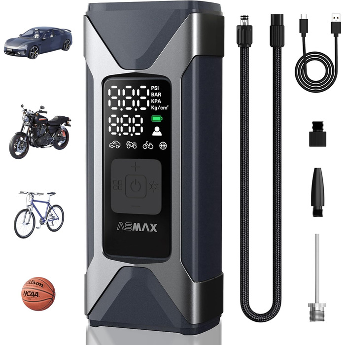 ASMAX електричний насос 7500mAh, портативний компресор для накачування шин 160PSI/11Bar з цифровим манометром і LED підсвіткою, міні помпа для авто, мотоциклів, велосипедів, м'ячів
