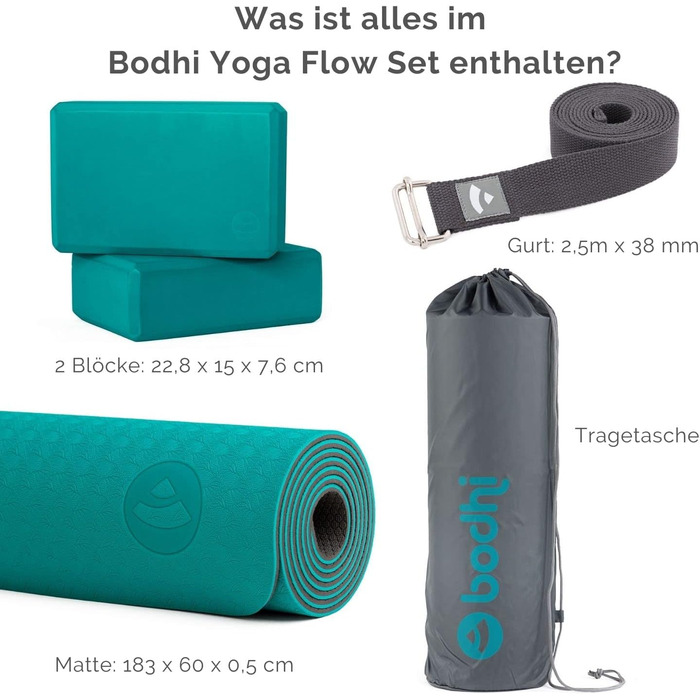 Комплект для йоги Bodhi Yoga Starter-Set: йога-мат TPE, 2 блоки EVA, ремінь бавовна, для початківців, бірюзовий