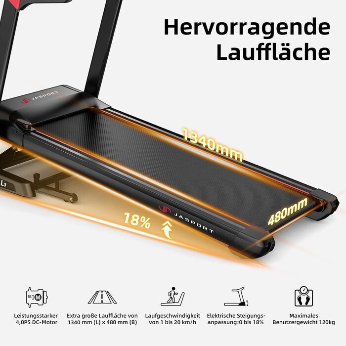 Бігова доріжка JASPORT L3 для дому, складна, тиха, Bluetooth, 4 к.с., до 20 км/год, 18% нахил, 1340x480 мм, до 120 кг