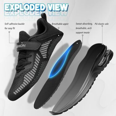 Дитячі кросівки ASHION для хлопчиків та дівчаток: м'які, гнучкі, стабільні, для фітнесу та занять у залі, розмір 35 EU, чорно-сірий