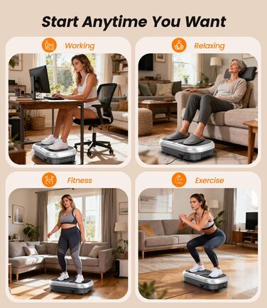 Вібраційна платформа 200W для фітнесу з пультом дистанційного керування, 120 рівнів, ультразвук та гумові ніжки – для домашніх тренувань, підтяжки м'язів та регенерації, ідеально для жінок та людей похилого віку, сріблястого кольору