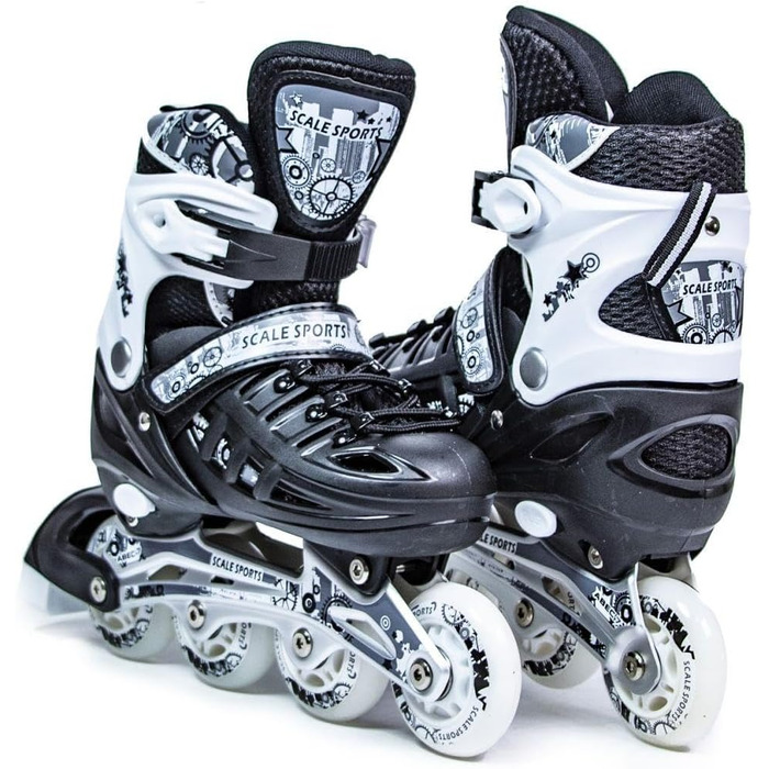 Регульовані роликові ковзани з підсвічуванням коліс для дітей та дорослих – роликові ковзани Inline, чорно-білі