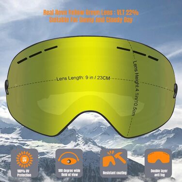 Окуляри для сноубордингу та гірськолижного спорту Queshark з подвійною сферичною лінзою, захист UV400, антизапітніння та антиблік, сумісні з шоломом, чорно-коричневий (чорно-жовтий)