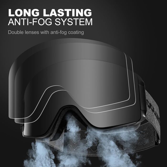 Одаленд Скі-маска для жінок та чоловіків, дітей. Захист від запоту, UV-фільтр, магнітні лінзи. Сумісна зі шоломом. Для сноуборду та катання на лижах. Чорний колір, VLT 8.8%